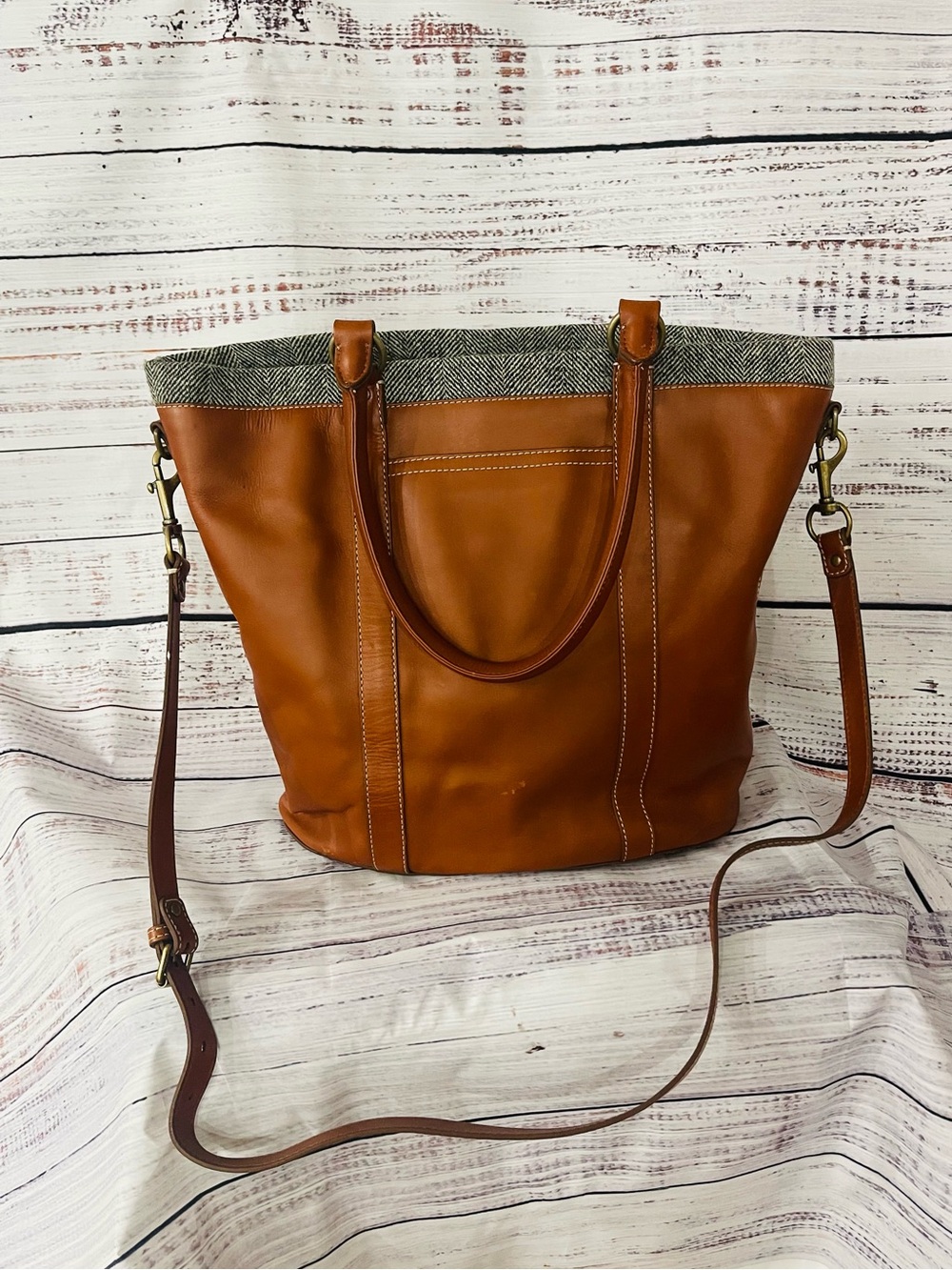 Cole Haan Tan Leather Tote with Herringbone Trim